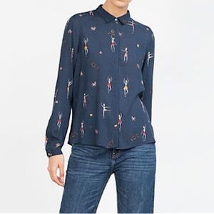 ZARA Ballerina Button Down Semi Sheer Tiny Dancer Novelty Print Top Large